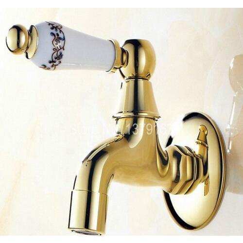 Luxury Gold Color Brass Ceramic Handle Flower Pattern Laundry Bathroom Wall Mounted Mop Water Tap Garden Faucet aav138