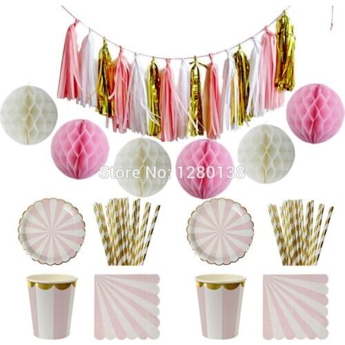 Pink and Gold Foil Striped Paper Plates Cups Party Napkins Straws,Baby Shower Decor Tissue Paper Tassel Garland Honeycomb Balls