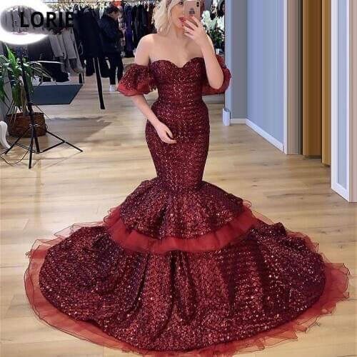 LORIE Sequined Mermaid Evening Dresses Burgundy Long 2020 Glitter Dresses Off The Shoulder Formal Prom Party Gown Vintage