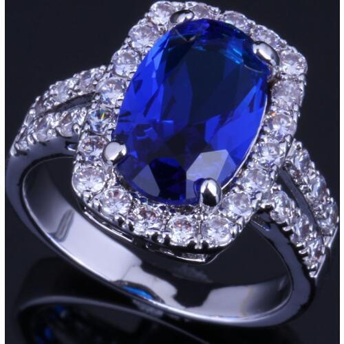 Prominent Oval Blue Cubic Zirconia White CZ Silver Plated Ring V0643