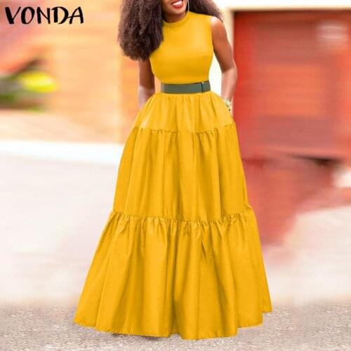 VONDA 2021 Women Maxi Dress 2021 Ladies Plain Tank Dresses Bohemian Vestidos Summer Sleeveless Party Robe Femme Sundress