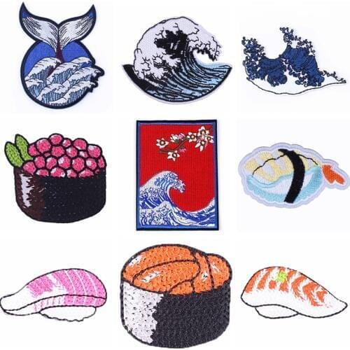 Embroidered Patch Japanese Wave/Sushi Patch On Clothes Iron On Patches For Clothing Whale Patch Sew On Garment Apparel Accessory