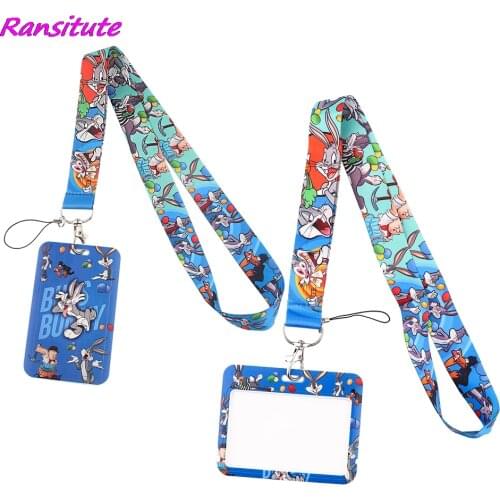 Ransitute R1496 Funny Rabbit Cartoon Lanyard Card ID Holder Car KeyChain Gym Phone Badge Kids Key Ring Holder Jewelry