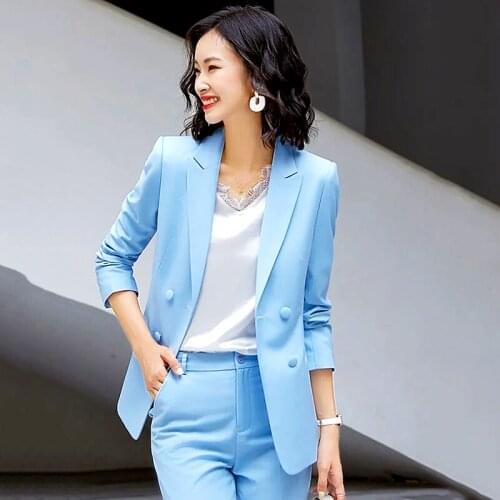 High Fashion Womens Suit Vetement Femme 2021 Autumn Chic Double Breasted Suit Women Tops And Pants Two Piece Set Women LS087