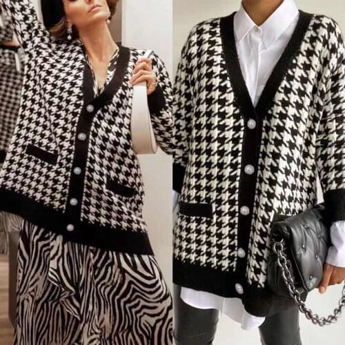 Zhenzhi V Neck Women Button Black Houndstooth Cardigan Long Sleeve Sweater Autumn Winter Knitted Loose Oversized Jumper Casual