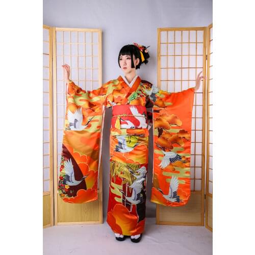 Autumn Winter Women Kimono Yukata Gown With Obi Print Anime Noble Geisha Cosplay Costumes Japanese Lady Bat Sleeve Dancing Dress