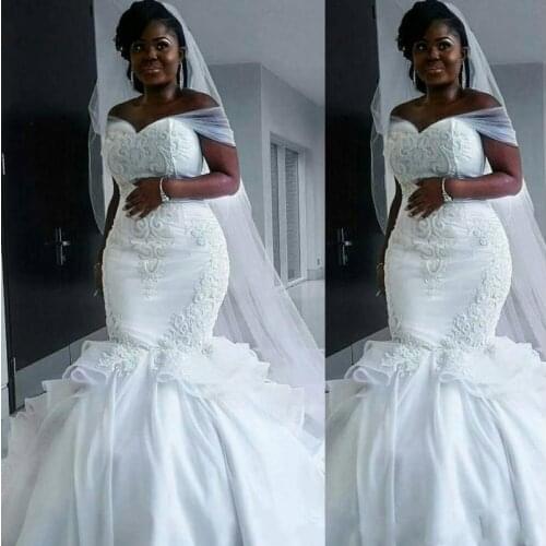 Mermaid Wedding Dresses Off Shoulder Lace Applique Sequins Ruffles Organza African Plus Size Bridal Gown vestido de novia