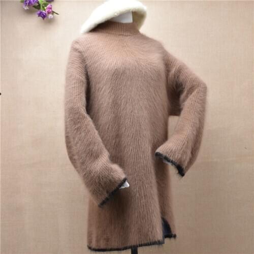 Korean women female medium-long sweater dress flare sleeve o-neck angora rabbit fur knitted open skirt basic pullover skirt