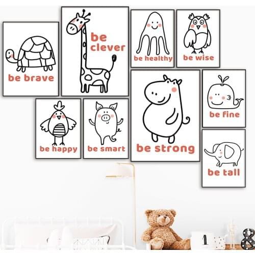 Giraffe Elephant Hippo Whale Wall Art Canvas Painting Cartoon Stick Figure Posters And Prints Wall Pictures For Kids Room Decor