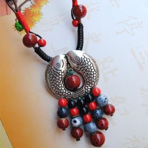 12 Pieces/Lot Vintage Double Fish Necklace For Women Ethnic Ceramic Beads Tassel Pendants Necklace Long Rope Chain Charm Choker