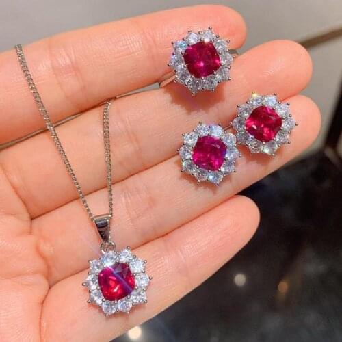 2021 Trend Earrings Ring Pendant Necklace Vintage 7*7mm Created Ruby Gemstone Silver 925 Wedding Jewelry Set Gift For Girlfriend