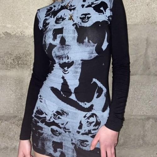2021 Y2K Print Mini Jurken Lente Autunm Vrouwen Lange Mouwen Slim Fit Jurken Bodycon Harajuku Streetwear Gothic Kleding