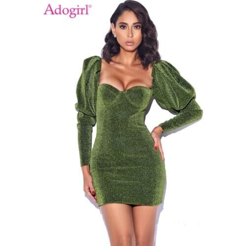 Adogirl Shining Silver Wire Club Mini Dress Sparking Long Puff Sleeve Backless Bodycon Short Vestidos Club Party Thin Robes
