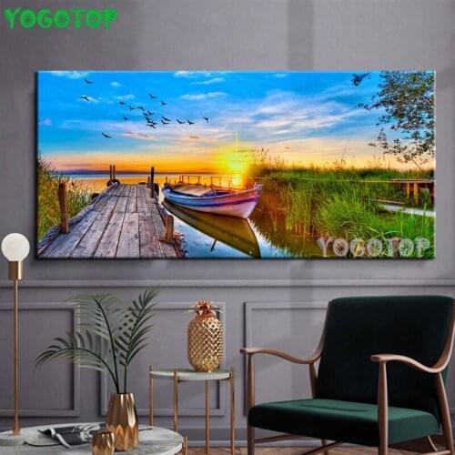 Large sunset bridge boat full drill mosaic Diamond Painting Cross Stitch Diy Diamond Embroidery natural scenery Decor 5d YY4752