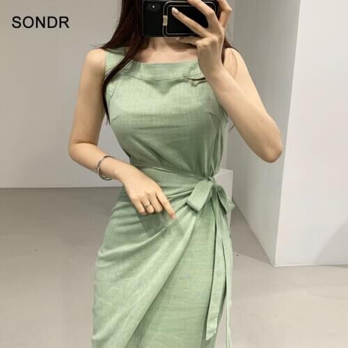 Square Neck Vest Dress Wrapped One-Piece Slit Waist Cotton Linen Sling Long Dress Summer Korean Office Woman Dresses Solid Dress