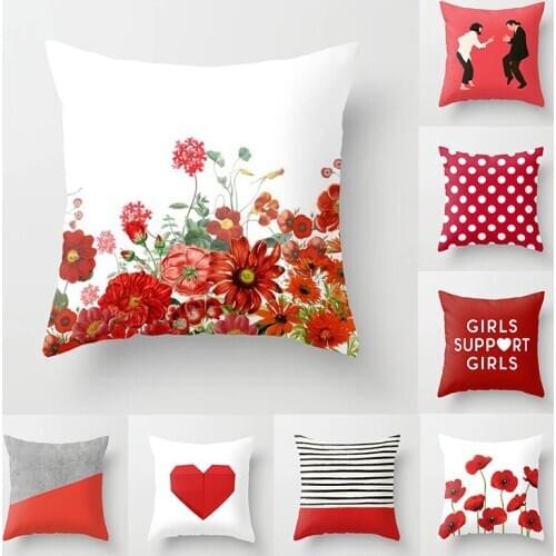 Pillow Case Red Floral Cushion Cover Polyester Decorative Throw Pillow Fashion Plaid Striped Sofa Pillow Home Decor