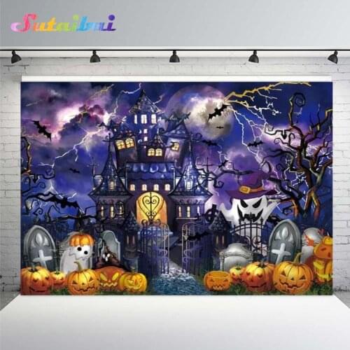 Halloween Night Party Backdrop Castle Moon Pumpkin Lantern Tombstone Ghosts Cemetery Bat Trick or Treat Background Photozone