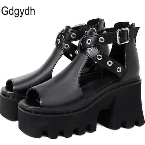 Gdgydh Cool Leisure Gladiator Black Gothic Punk Sandals Platform Thick Sole Fashion Belt Buckle Brand New Summer Shoes Women Zip