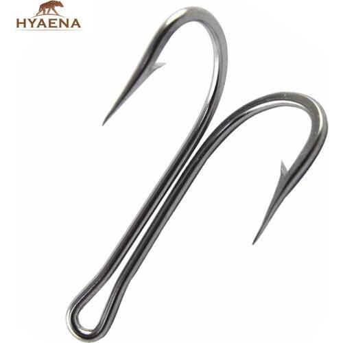 Hyaena 20pcs/lot 420 Stainless Steel Duple Hooks Ocean Boat Fishing Silver 7982 Hooks For Bass Fishing Tackle