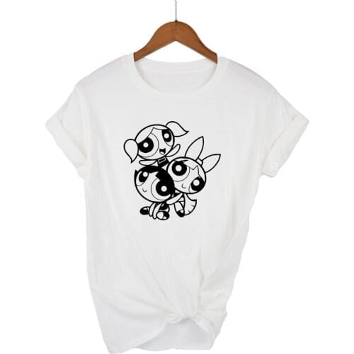 Summer Women T Shirts Short Sleeve Kawaii Funny Powerpuff Police Girl Cartoon Print Color Girl Tops