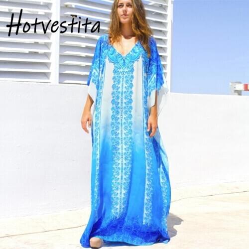 SOGA DRESS White Kaftan Dress Beach Blue Flowers Print Summer Dress Cotton Tunic Women Sarong Beach Wrap Loose Plus Size Coverup