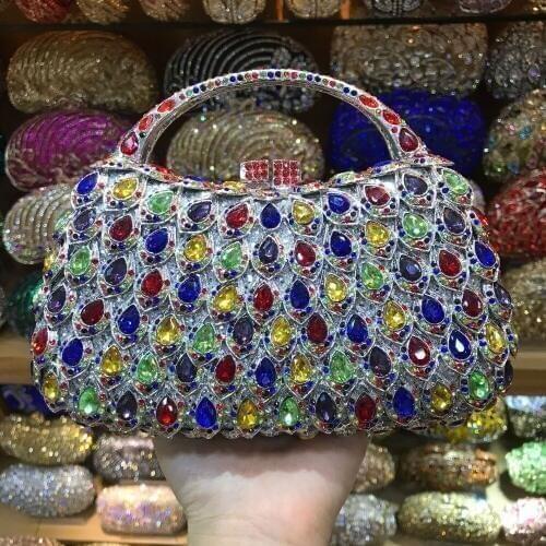 Fashion Silver Metal Evening Clutch Bags Colorful Rhinestone Lady Party Handbag Luxury Dinner Crystal Dinner Purse Women Clutch