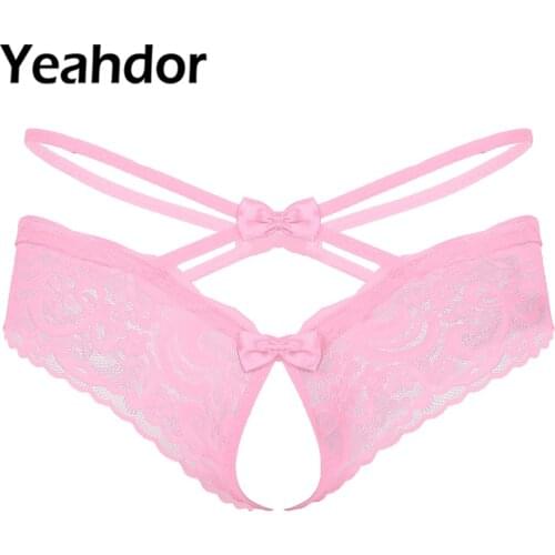 Men Sissy See-through Lingerie Briefs G-string Lace Crotchless Thong Briefs Bowknot Low Waist T-back Male Sexy Exotic Underwear