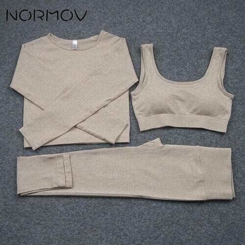 NORMOV 2/3 PCS Yoga Set Seamless Women Yoga Suit High Stretchy Workout Sport Set Padded Bra Shirts High Waist Sports Legging Gym