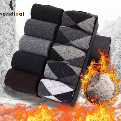 5 Pairs Winter Thermal Socks Man Thick Cotton Diamond Colorful Keep Warm Business Terry Floor Party Dress Long Socks Brand