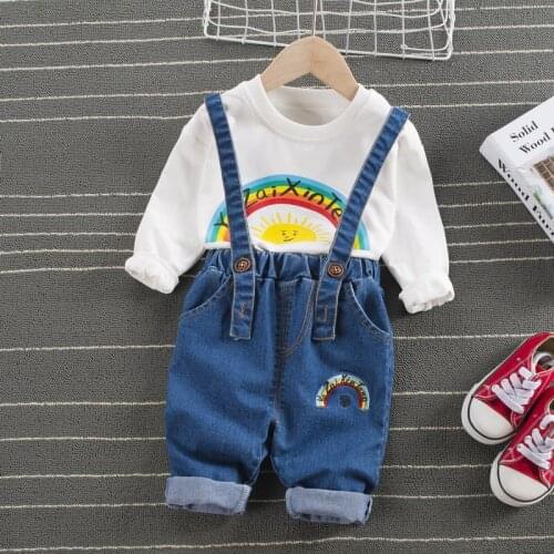 New Baby Boys Girls Clothes Children Fashion rainbow t-shirt denim overalls 2Pcs/sets Out Kids Cotton Casual Clothing Tracksuits