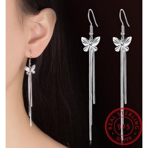 Wholesale Jewelry lovely Fashion for Woman Gift Fine Butterfly 925 Sterling Silver Long Tassel drop Earrings YS219