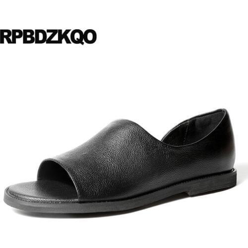 Open toe genuine leather summer flat sandals designer shoes men high quality casual 2018 white breathable slip on luxury black