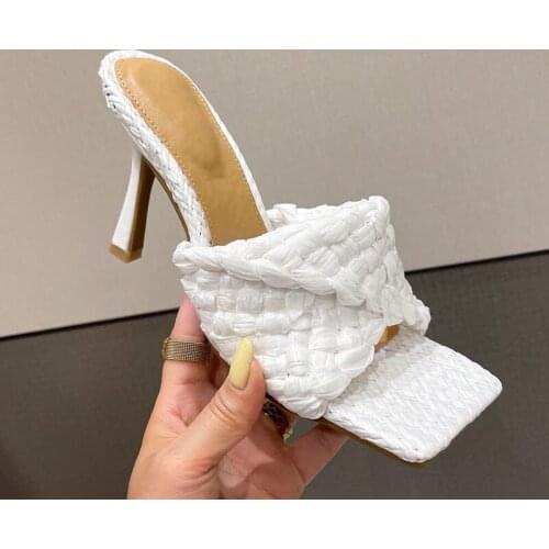 New 2021 Fashion Women Pumps Female High Heel Slippers Summer Shoes Square Heels Lady Weave Slides For Women Slippers Flip Flops