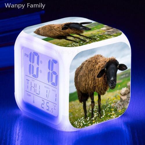 Very Cute Sheep LED Alarm Clock 7 Color Glowing Touch Sensing Alarm Clock For Kids room Multifunctio Digital Flash Clock