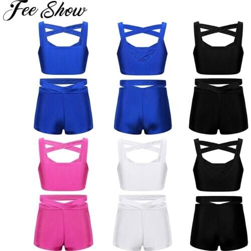 Kids Girls Strappy Cross Ballet Leotard Sports Crop Top Shorts Activewear Set for Ballet Dance Stage Performance Workout Clothes