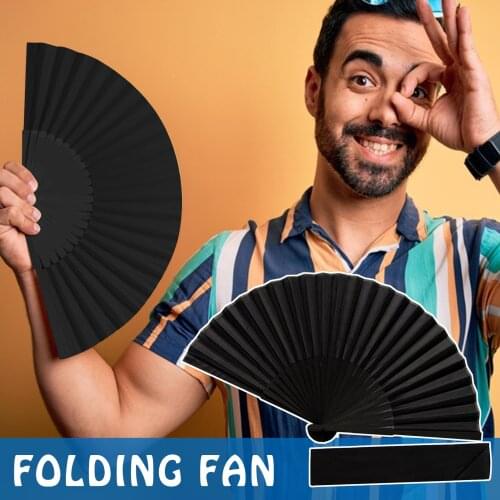 2PCS Large Black Folding Silk Hand Fan Hand Folding Fans Chinese Thickened Folding Fan for Men KI