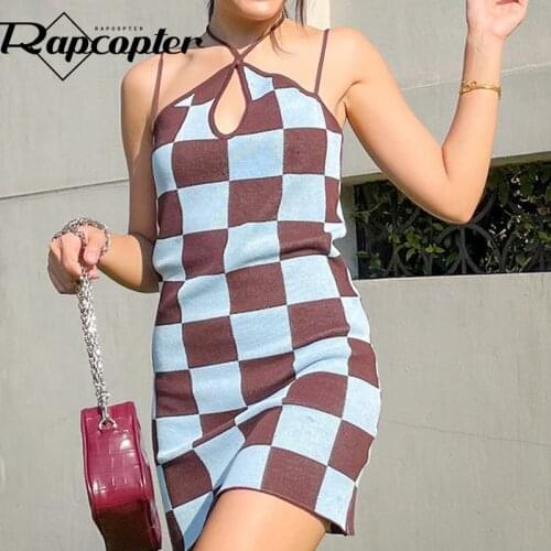 Rapcopter Plaid Vintage Mini Dress y2k Fashion Knitwear Dress Cut Out Tie Up Cute Halter Sundress Women 2021 Summer Dress Body