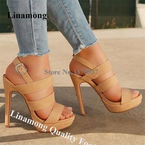 Linamong Summer Elegant Open Toe Straps Cross Platform Stiletto Heel Sandals Ankle Buckles Beige High Heel Sandals Dress Heels