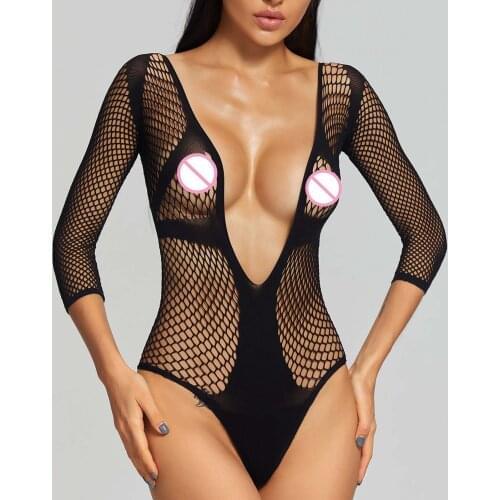 Women Ladies Sexy Hollow Out Fishnet Bodysuit Nightwear Rhinestone Decor Swimwear See-through Mesh Long Sleeve Leotard Jumpsuit