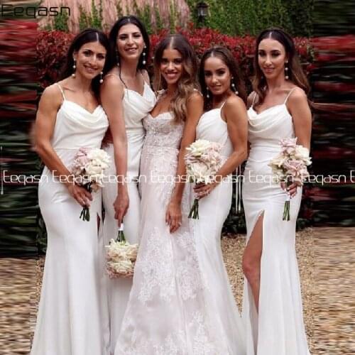 New Bridesmaid Dresses Long Mermaid White Maid Of Honor Dress 2021 High Split Women Wedding Party Gown Formal Evening