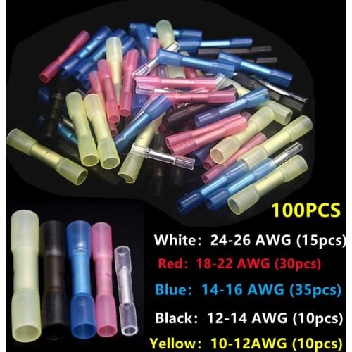 100Pcs Assorted Heat Shrink Butt Connectors Waterproof Seal Electrical Wire Splice Connector Insulated Crimp Terminal26-10 AWG