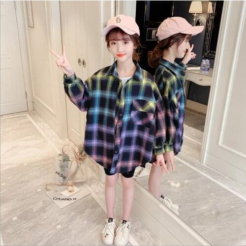 2021 Korea style girls plaid shirt fashion cotton autumn girls blouse 5-10t B607