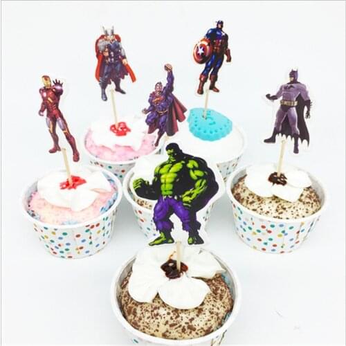 24pcs/set Avengers Party Decoration Cartoon Cupcake Toppers Cake Insert Card Pick Kid Boy Superhero Birthday Party Supplies