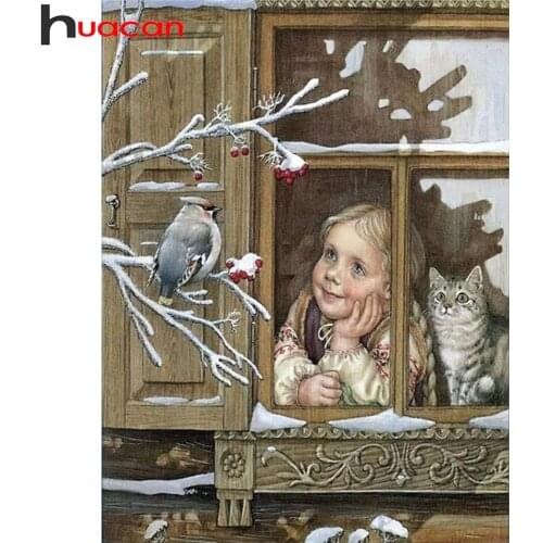 Huacan Diamond Painting Girl Window Scenery Full Square/round Mosaic Bird Cat Portrait Embroidery Wall Stickers