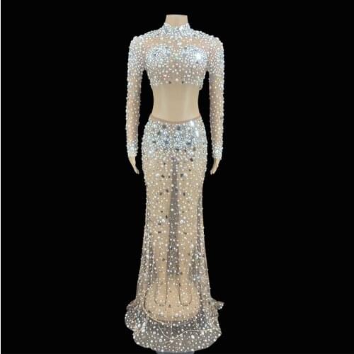 Sparkly Silver Rhinestone Mirror Transparent T-shirt Long Skirt Womens Birthday Celebrate Pearl Clothes Dancer Outfit Set