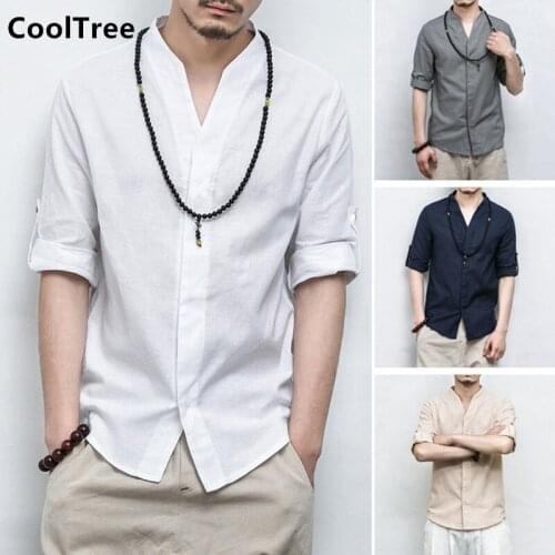 CoolTree Men Cotton Linen Kimono Jackets Summer Solid color Thin light Coats Male Chinese style Loose Outerwear Streetwear Tops