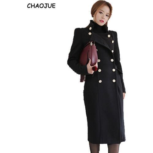 CHAOJUE NEW Ultra long paragraph wool overcoat female 2018 handsome military slim woolen long coats for women free shipping