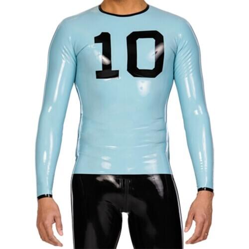 Sport style mens long sleeve sky blue latex t-shirt and front with NO.10 decorations