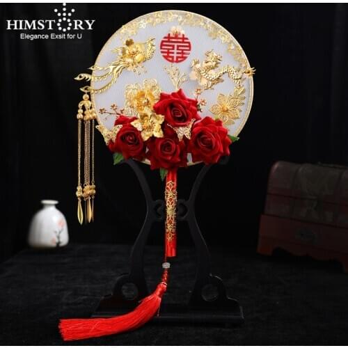 HIMSTORY Handheld Round Fan Handmade Ancient Chinese Wedding Bride Fans Red Roses Flowers Dragon and Phoenix Fans