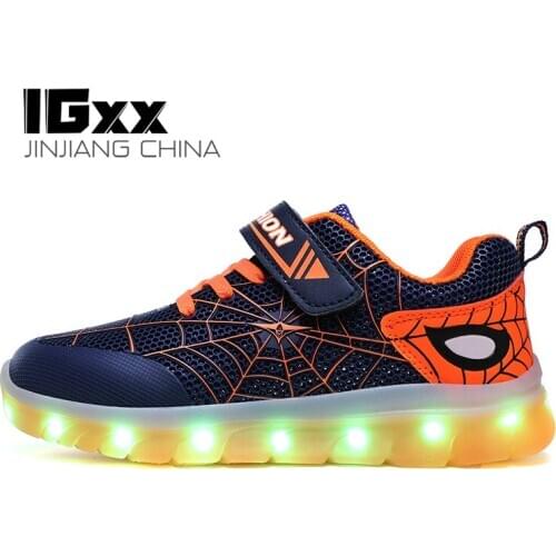IGxx LED Light Up Shoes For Kids Spider Zip HooK&Loop Spider Web USB Charging Glowing Shoes LED Child Luminous LED Sneakers Boys